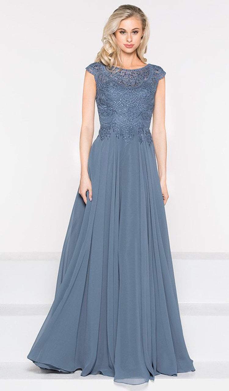 Marsoni by Colors - M238 Beaded Applique A Line Chiffon Dress Special Occasion Dress 4 / Slate Blue