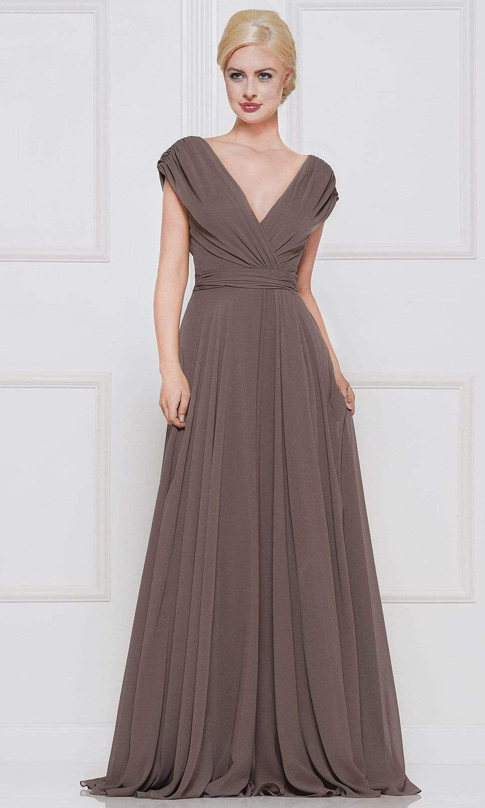 Marsoni By Colors - M251 Gathered V Neck Off Shoulder A-Line Gown Mother of the Bride Dresses