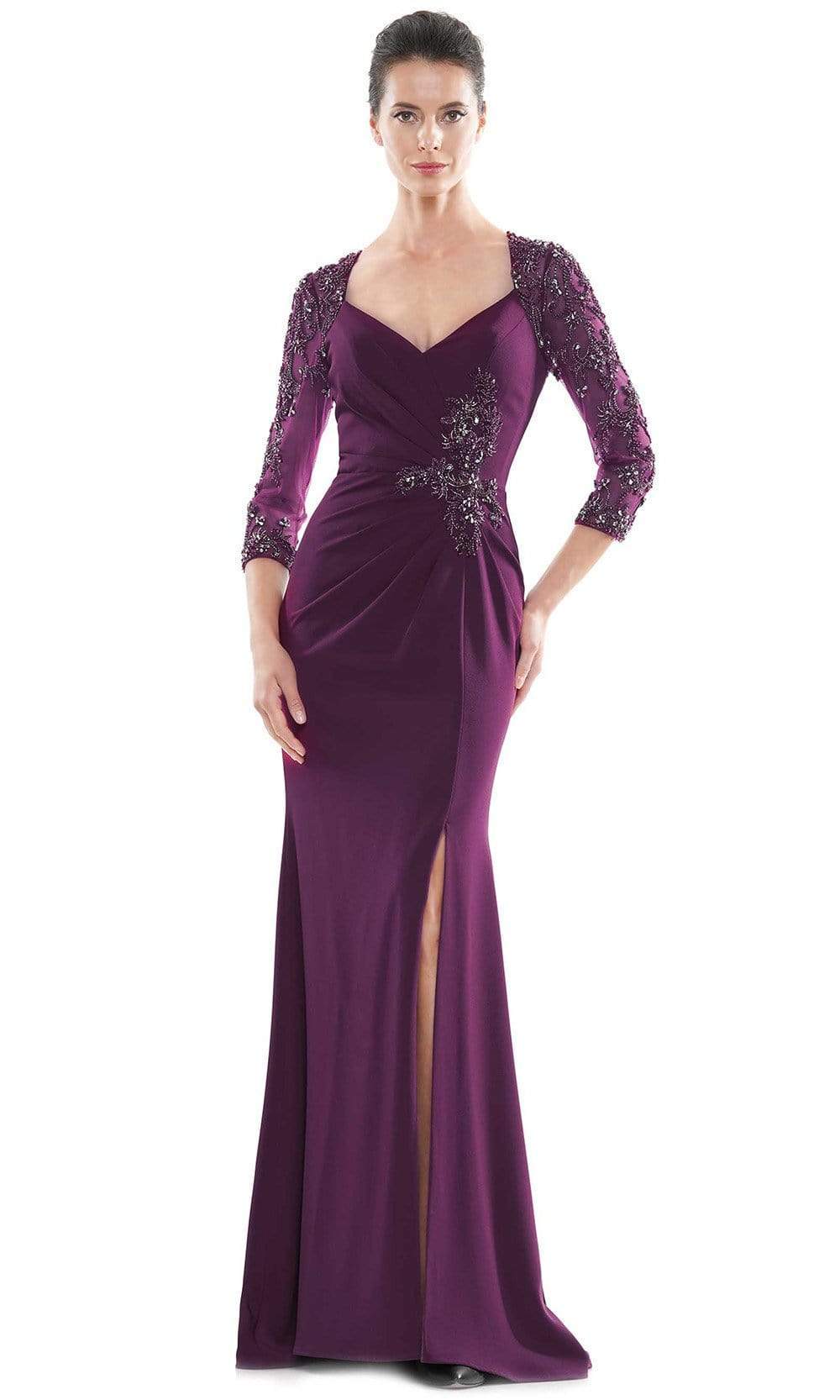 Marsoni by Colors - MV1070 Beaded Sheer Sleeves V Neckline Slit Gown Mother of the Bride Dresses 4 / Eggplant
