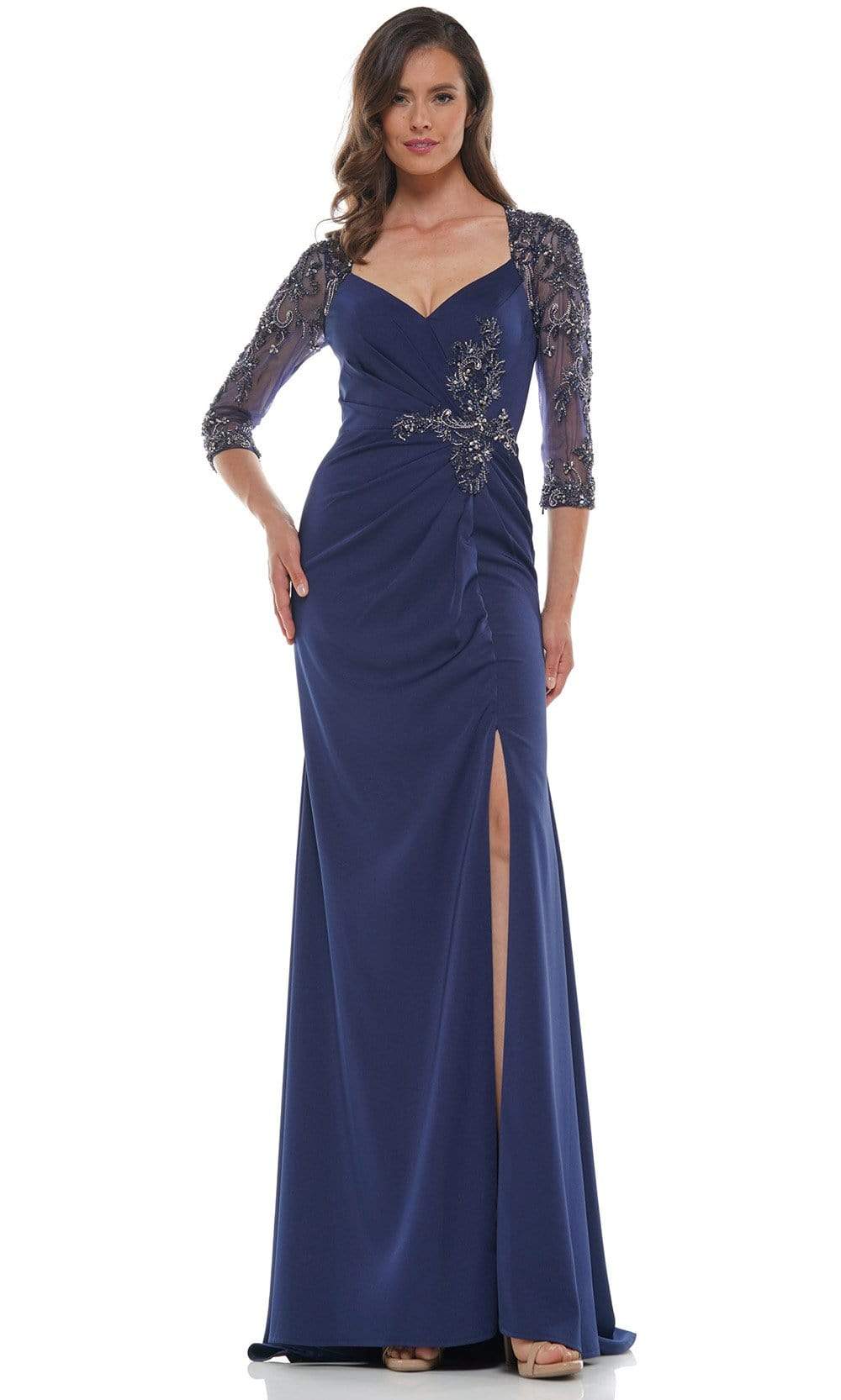 Marsoni by Colors - MV1070 Beaded Sheer Sleeves V Neckline Slit Gown Mother of the Bride Dresses 4 / Navy