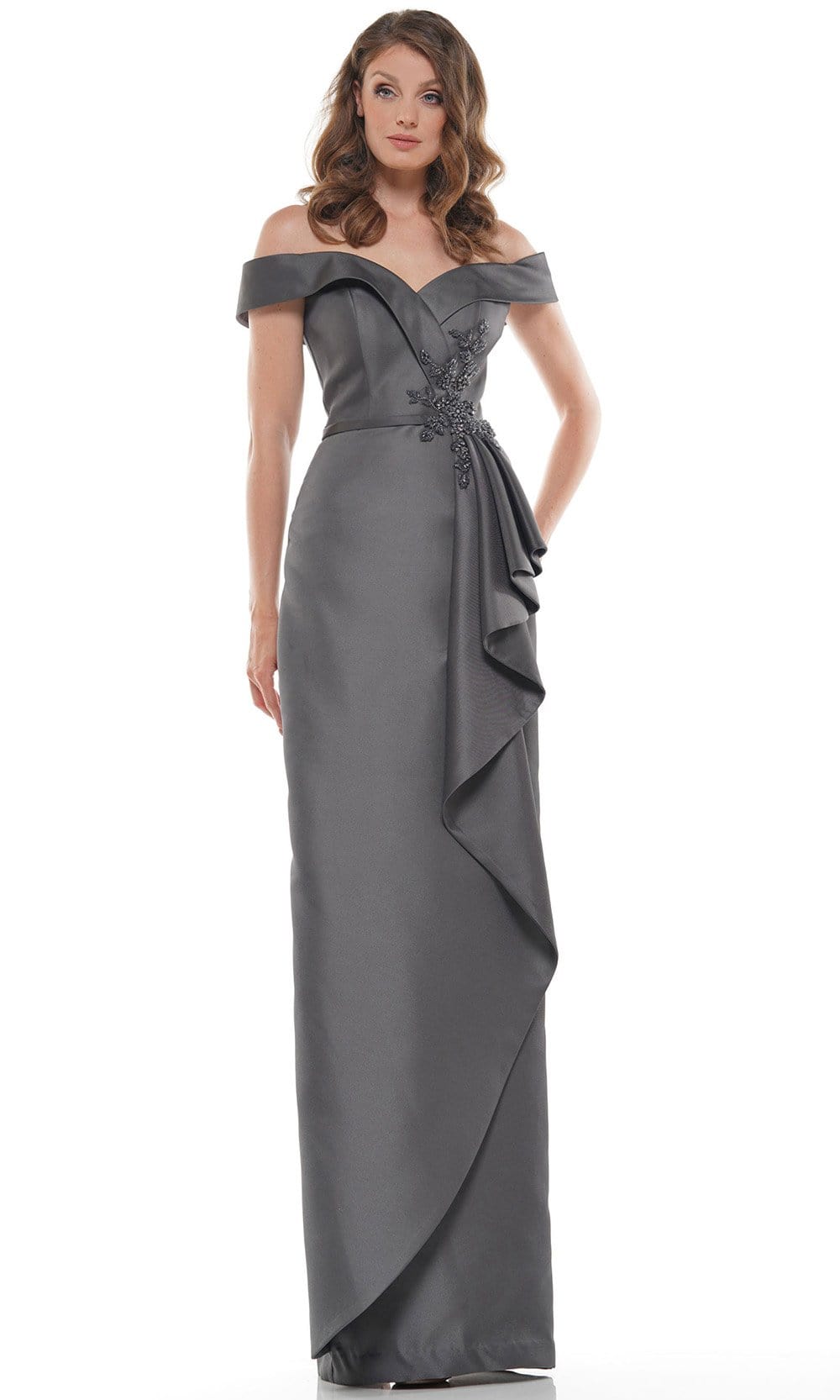 Marsoni by Colors - MV1087 Off Shoulder Beaded Ruffle Accented Gown Mother of the Bride Dresses 4 / Charcoal