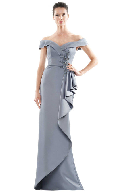 Marsoni by Colors - MV1087 Off Shoulder Beaded Ruffle Accented Gown Mother of the Bride Dresses 4 / Wedgewood