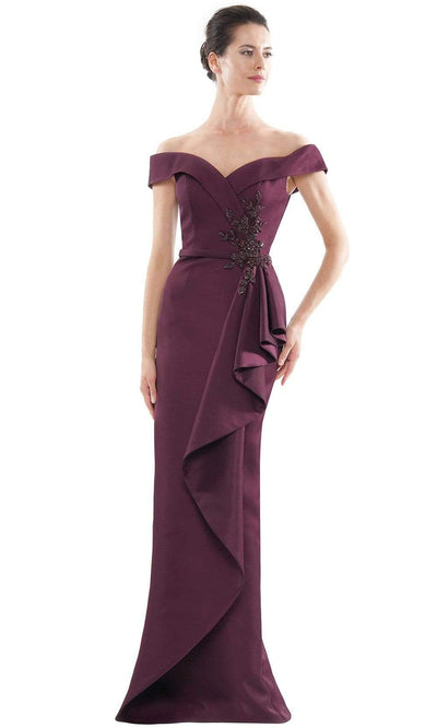 Marsoni by Colors - MV1087 Off Shoulder Beaded Ruffle Accented Gown Mother of the Bride Dresses 4 / Wine