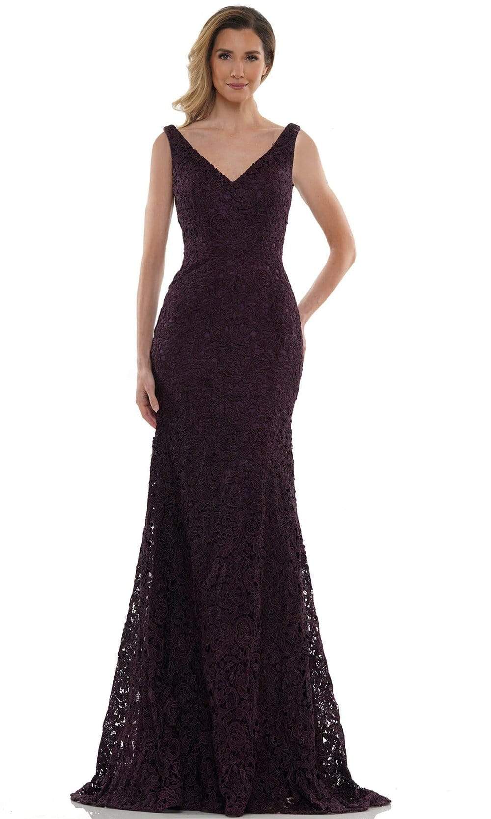 Marsoni by Colors - MV1116 V Neck Embroidered Trumpet Dress Evening Dresses 4 / Eggplant