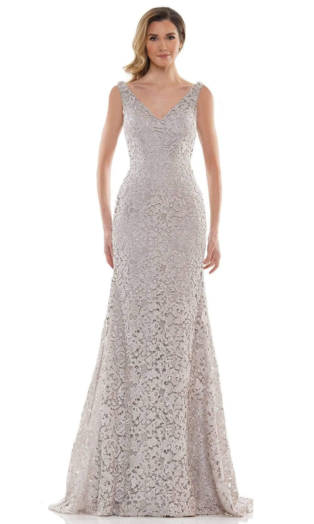 Marsoni by Colors - MV1116 V Neck Embroidered Trumpet Dress Evening Dresses 4 / Grey