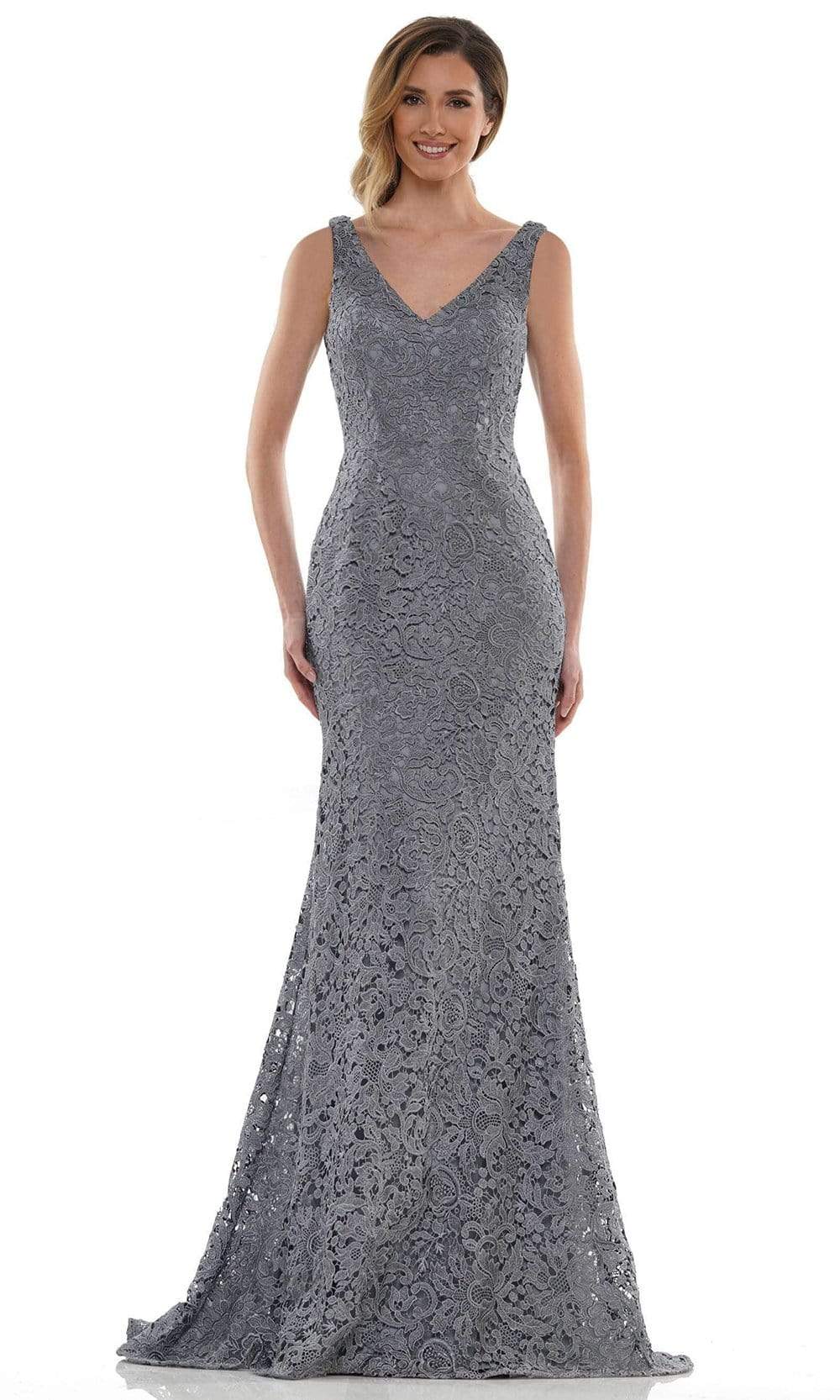 Marsoni by Colors - MV1116 V Neck Embroidered Trumpet Dress Evening Dresses 4 / Wedgewood