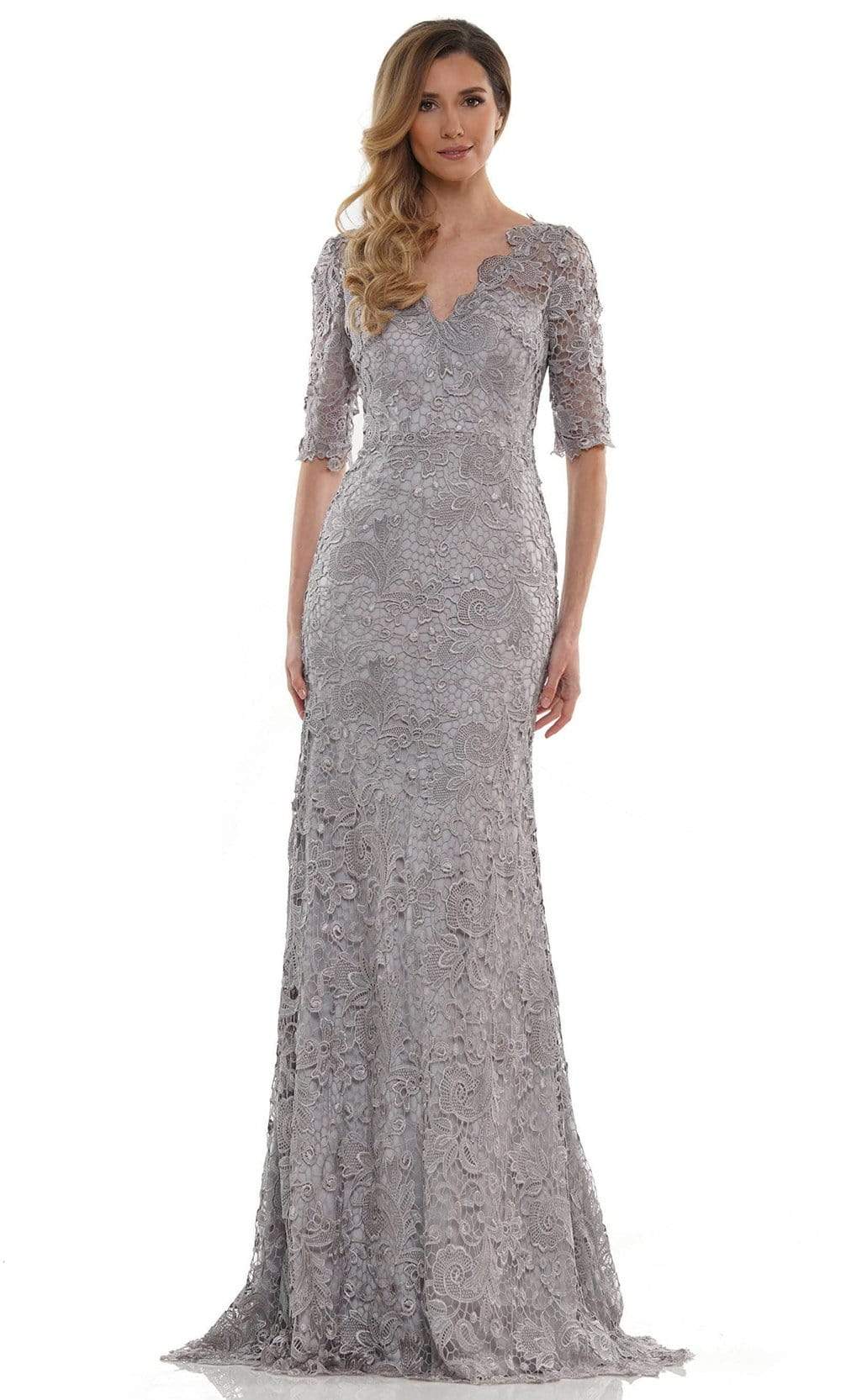 Marsoni by Colors - MV1117 Embroidered Lace Trumpet Dress Mother of the Bride Dresses 6 / Platinum