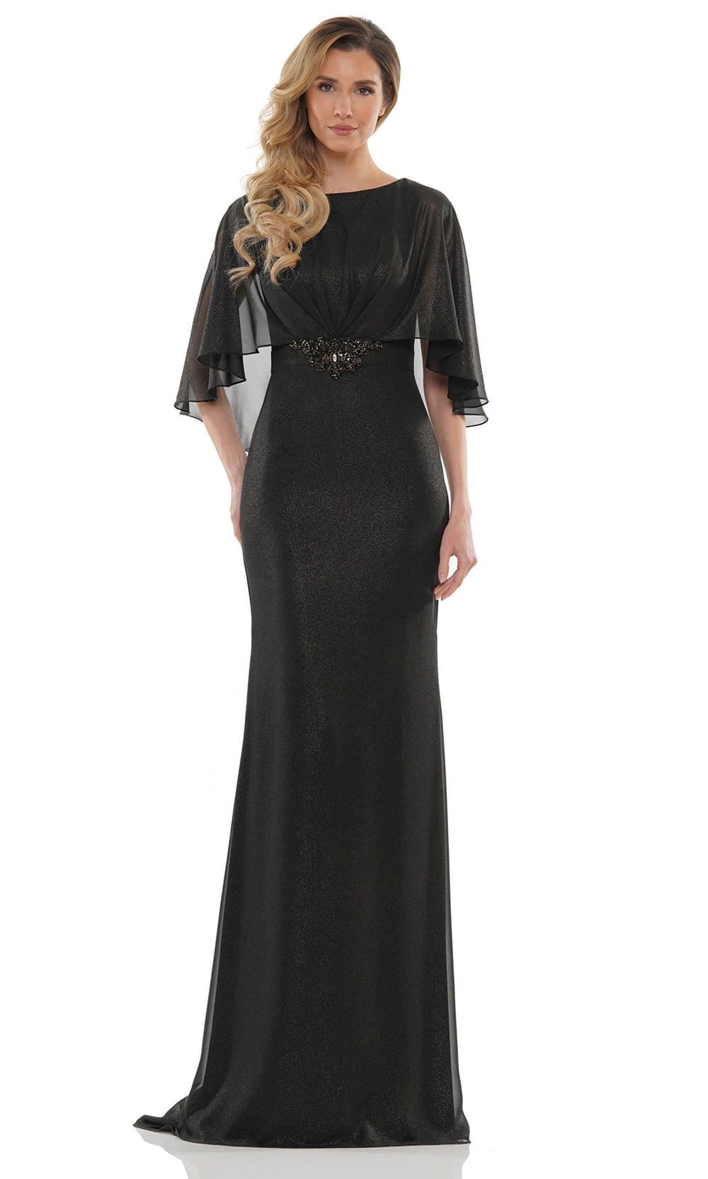 long sleeve poncho dress Marsoni by Colors - MV1130 Glittered Fabric Poncho Sheath Gown 4 / Black