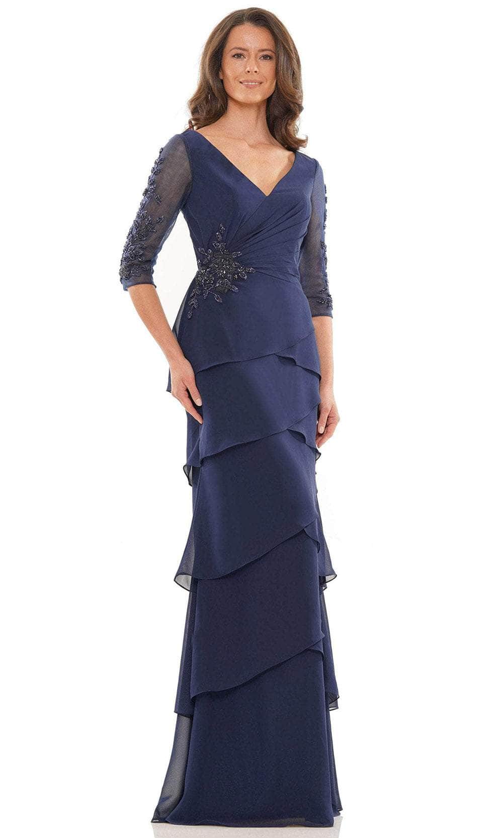 Marsoni by Colors MV1168 - Quarter Sleeves V-Neck Long Gown Special Occasion Dress 6 / Navy
