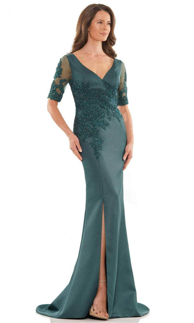 Marsoni by Colors MV1173 - Embroidered V-Neck Satin Formal Gown Special Occasion Dress 6 / Deep Green