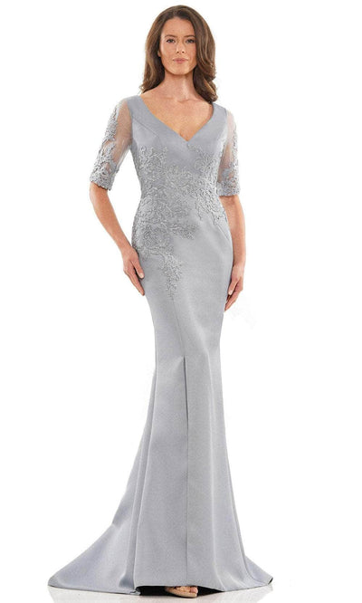 Marsoni by Colors MV1173 - Embroidered V-Neck Satin Formal Gown Special Occasion Dress 6 / Wedgewood