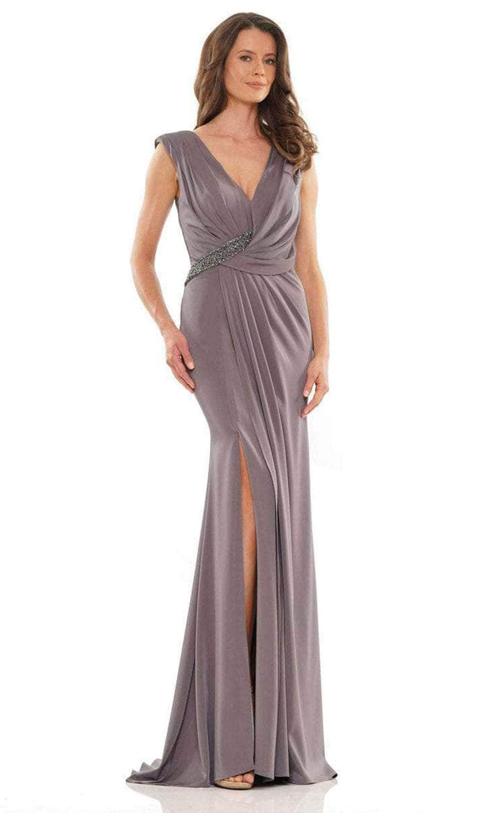 Marsoni by Colors MV1183 - Pleated V-neck Formal Dress Special Occasion Dress 4 / Charcoal