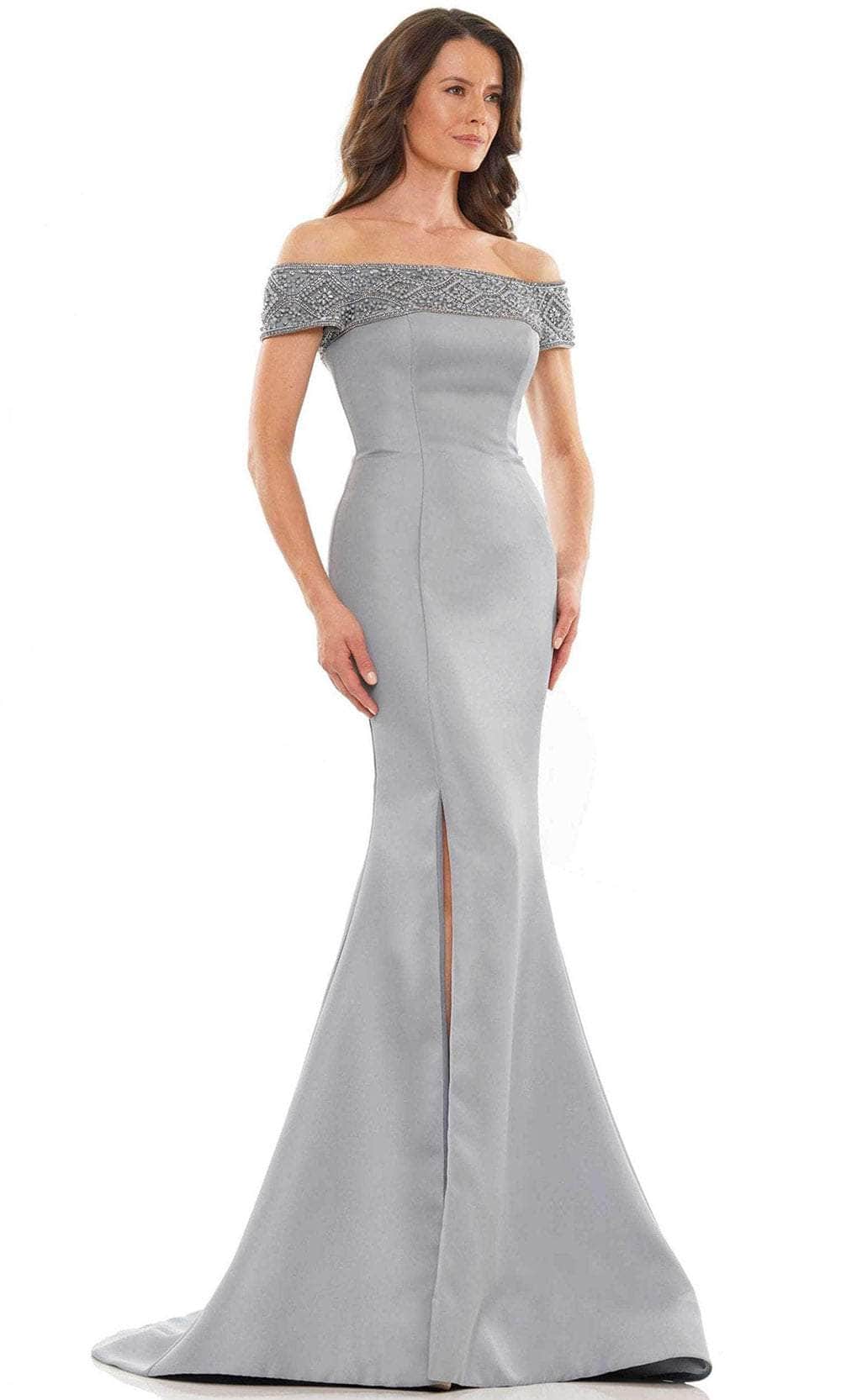Marsoni by Colors MV1184 - Beaded Off Shoulder Evening Dress with Slit Special Occasion Dress 4 / Wedgewood