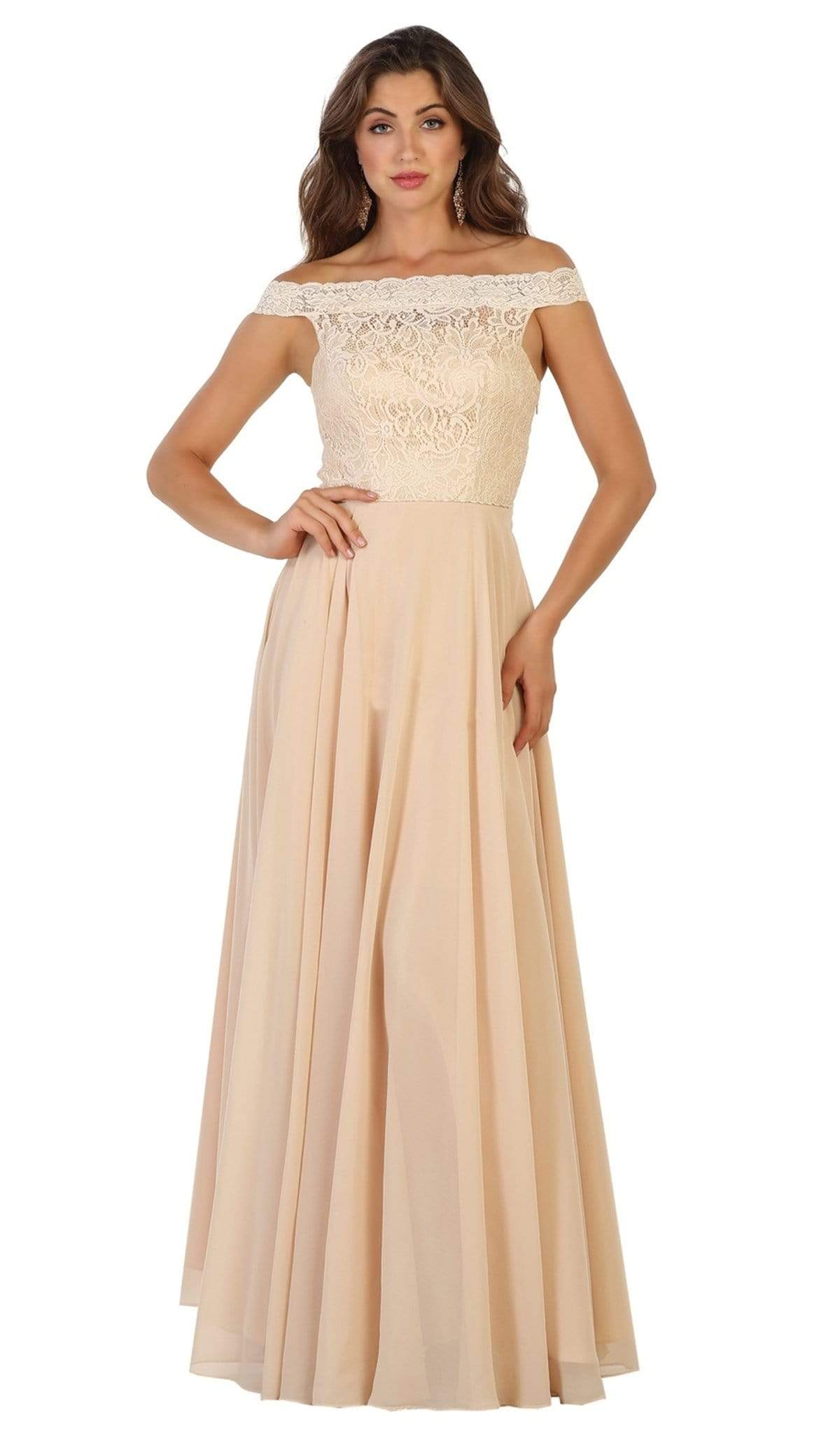 May Queen Bridal - MQ1514 Lace Overlaid Off-Shoulder A-Line Bridal Gown main image 1
