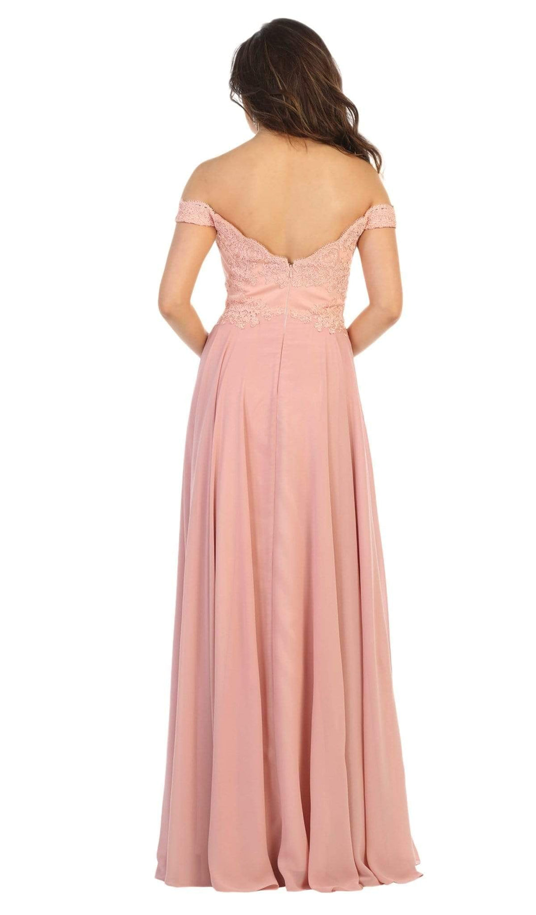 May Queen Bridal - MQ1644 Lace Ornate Off-Shoulder Chiffon A-Line Gown Special Occasion Dress