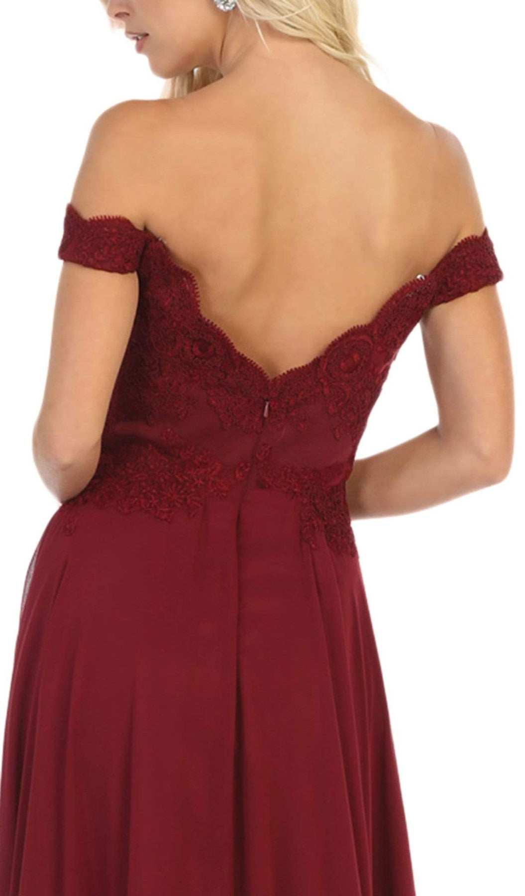 May Queen Bridal - MQ1644 Lace Ornate Off-Shoulder Chiffon A-Line Gown Special Occasion Dress