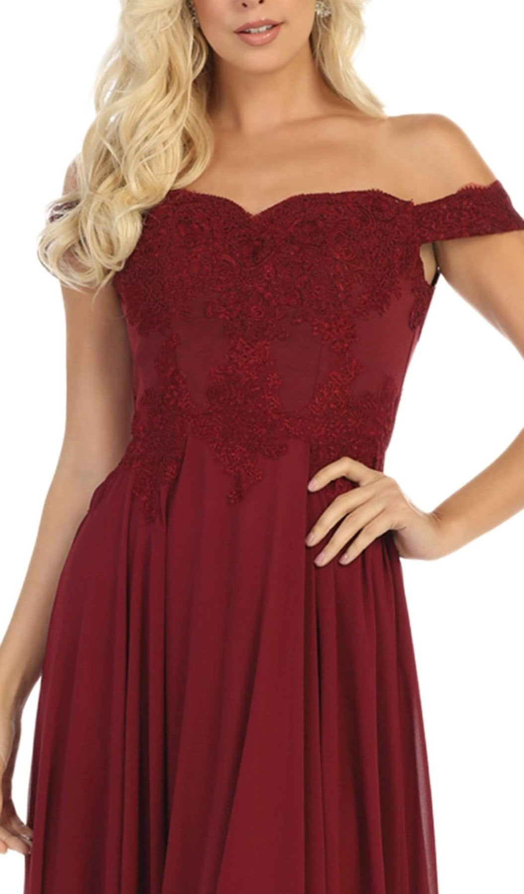 May Queen Bridal - MQ1644 Lace Ornate Off-Shoulder Chiffon A-Line Gown Special Occasion Dress