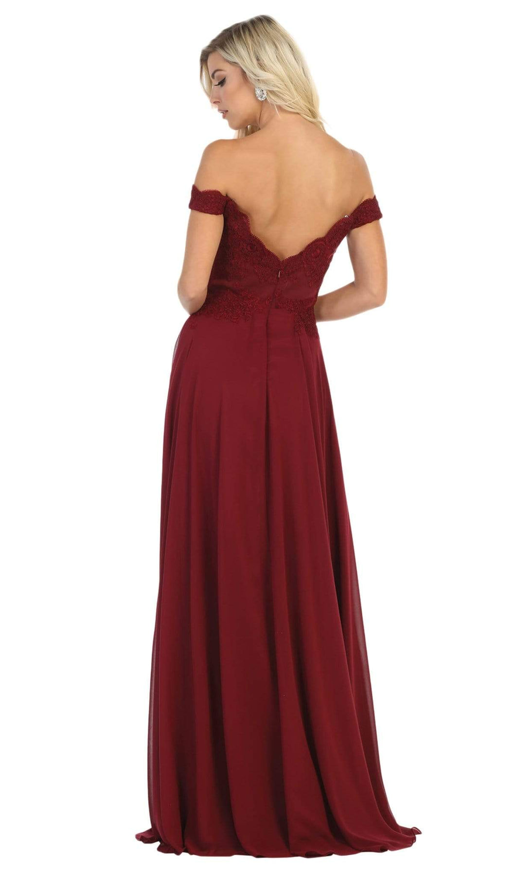 May Queen Bridal - MQ1644 Lace Ornate Off-Shoulder Chiffon A-Line Gown Special Occasion Dress