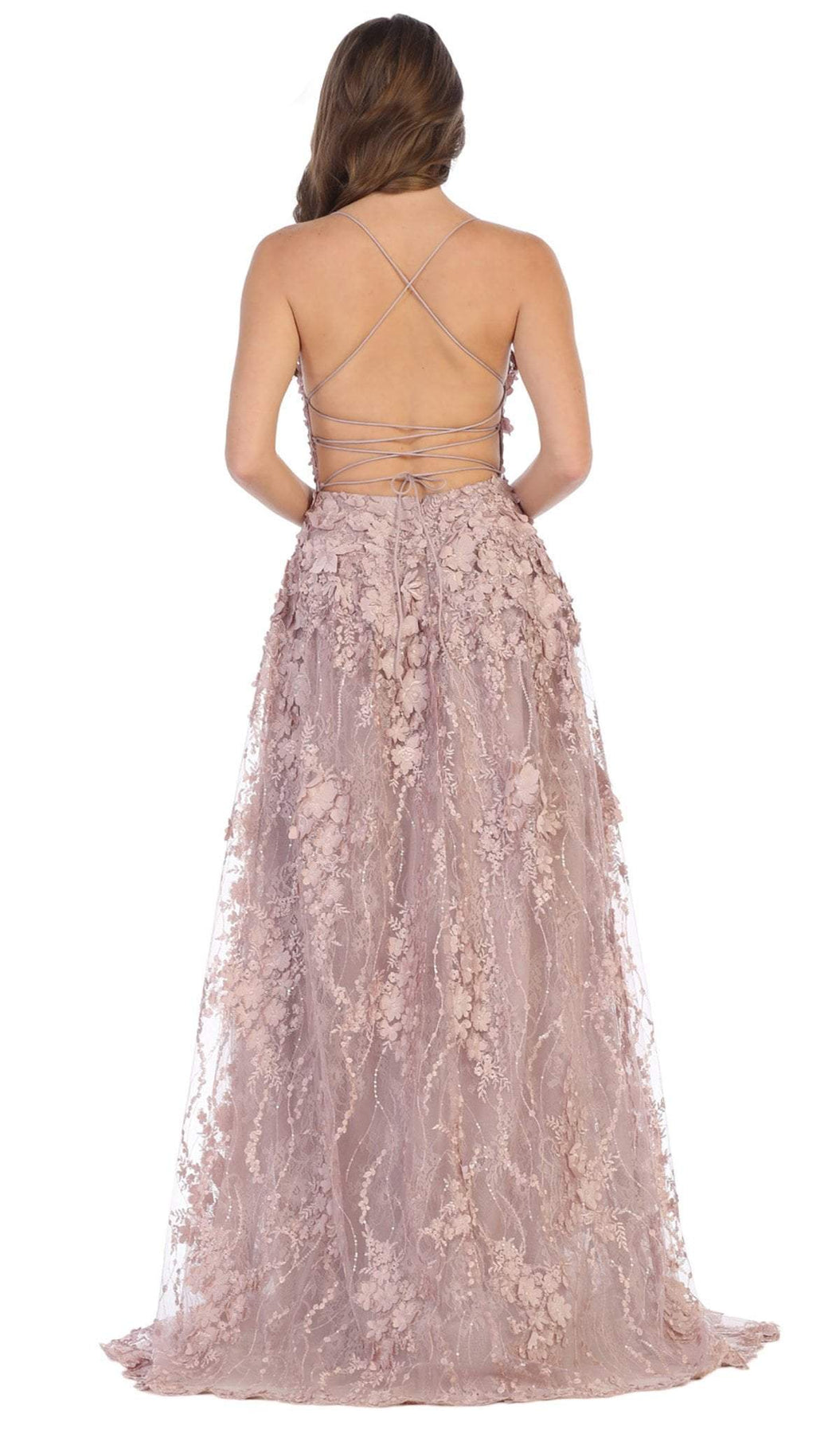 May Queen Bridal - RQ7738 Strappy Appliqued A-Line Dress with Slit Wedding Dresses