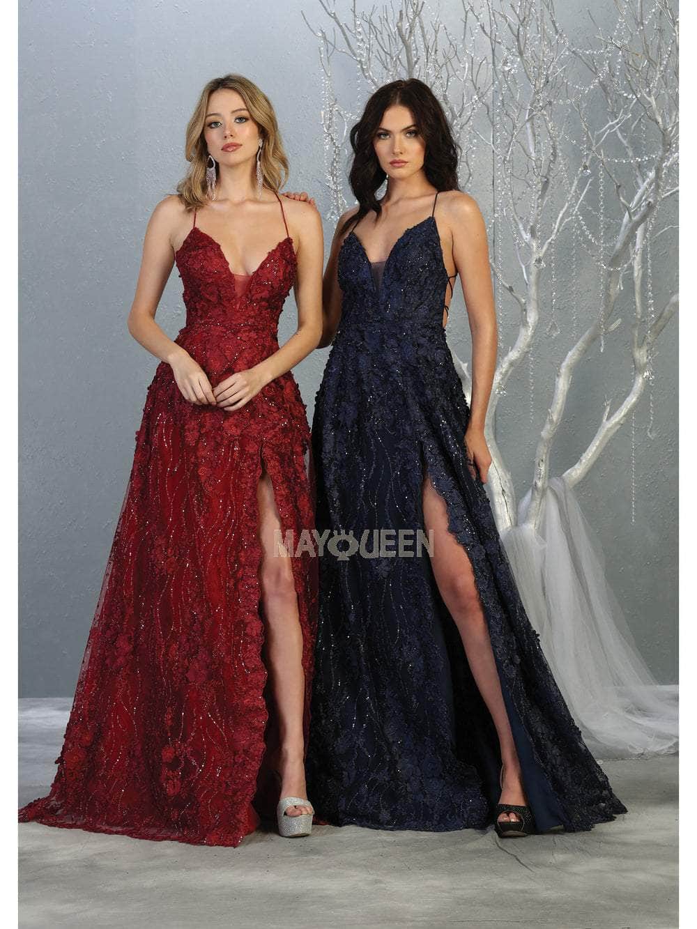 May Queen Bridal - RQ7738 Strappy Appliqued A-Line Dress with Slit Wedding Dresses 2 / Navy