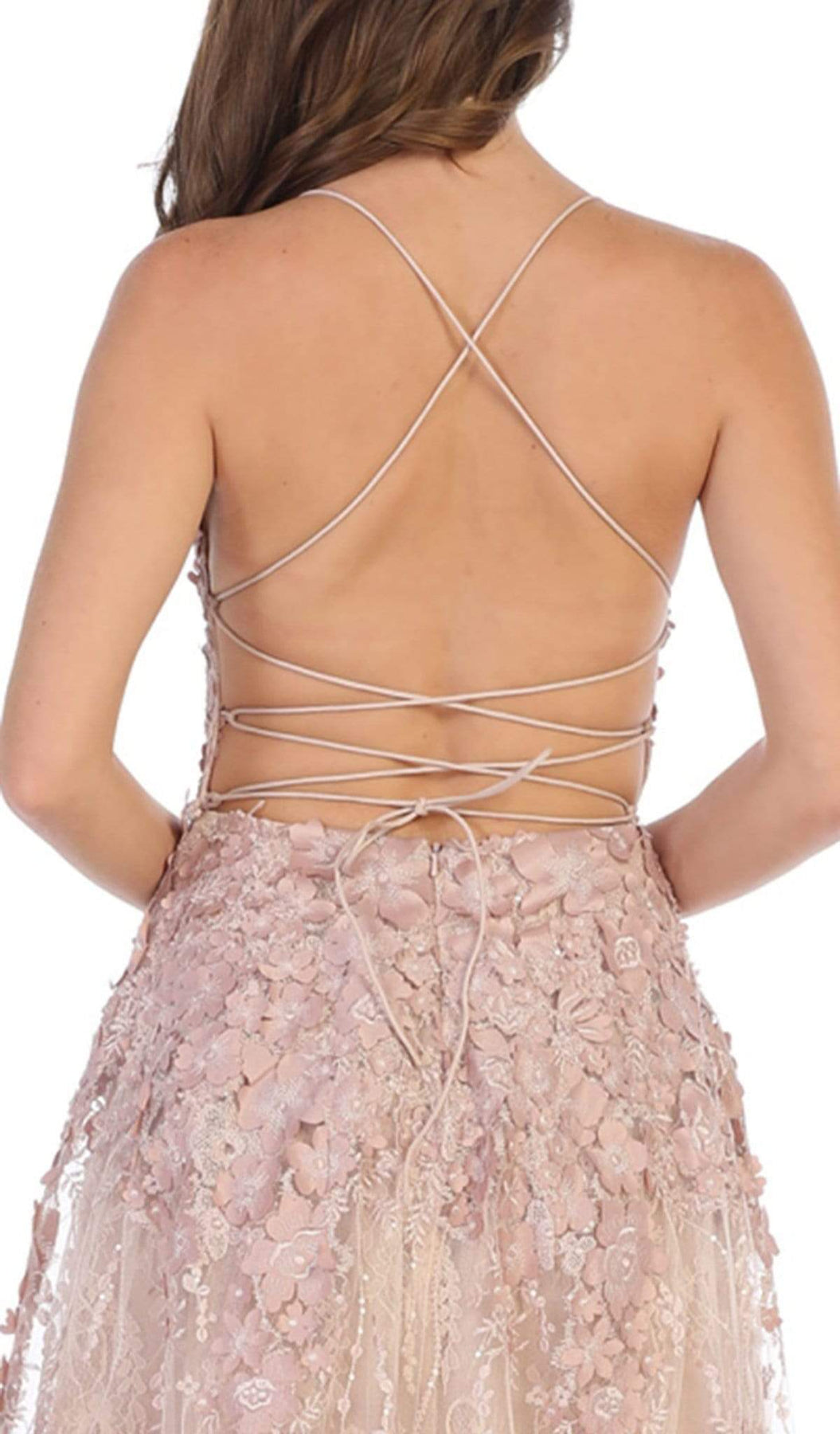 May Queen Bridal - RQ7738 Strappy Appliqued A-Line Dress with Slit Wedding Dresses