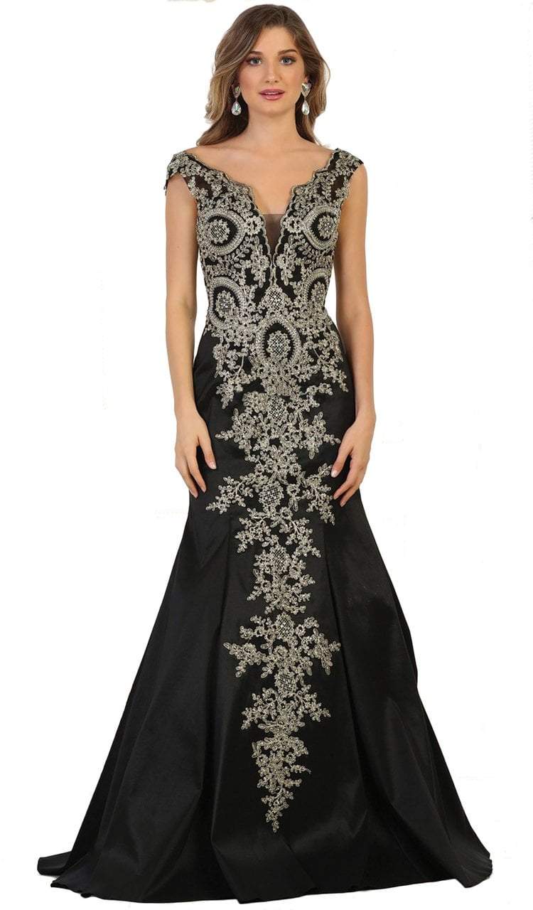 May Queen Embellished Wide V-neck Sheath Gown RQ7602 - 1 pc Ivory/Gold In Size 10 Available CCSALE 10 / Ivory/Gold