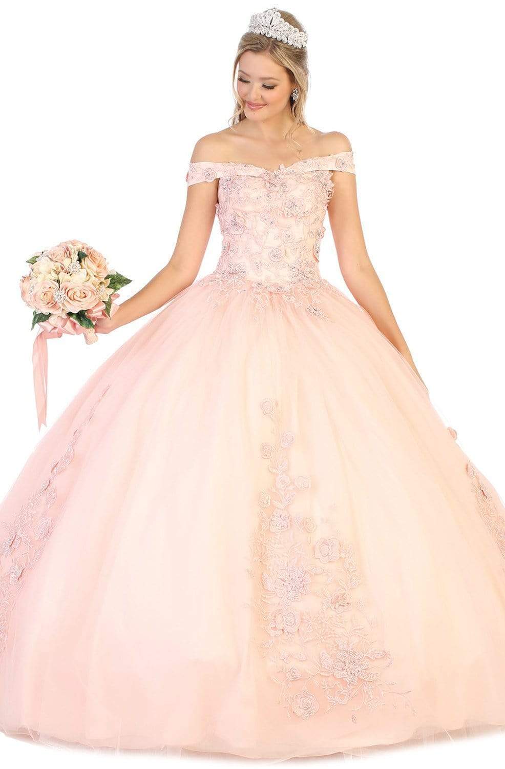 May Queen - LK136 Off Shoulder Rose Appliqued Ballgown Quinceanera Dresses