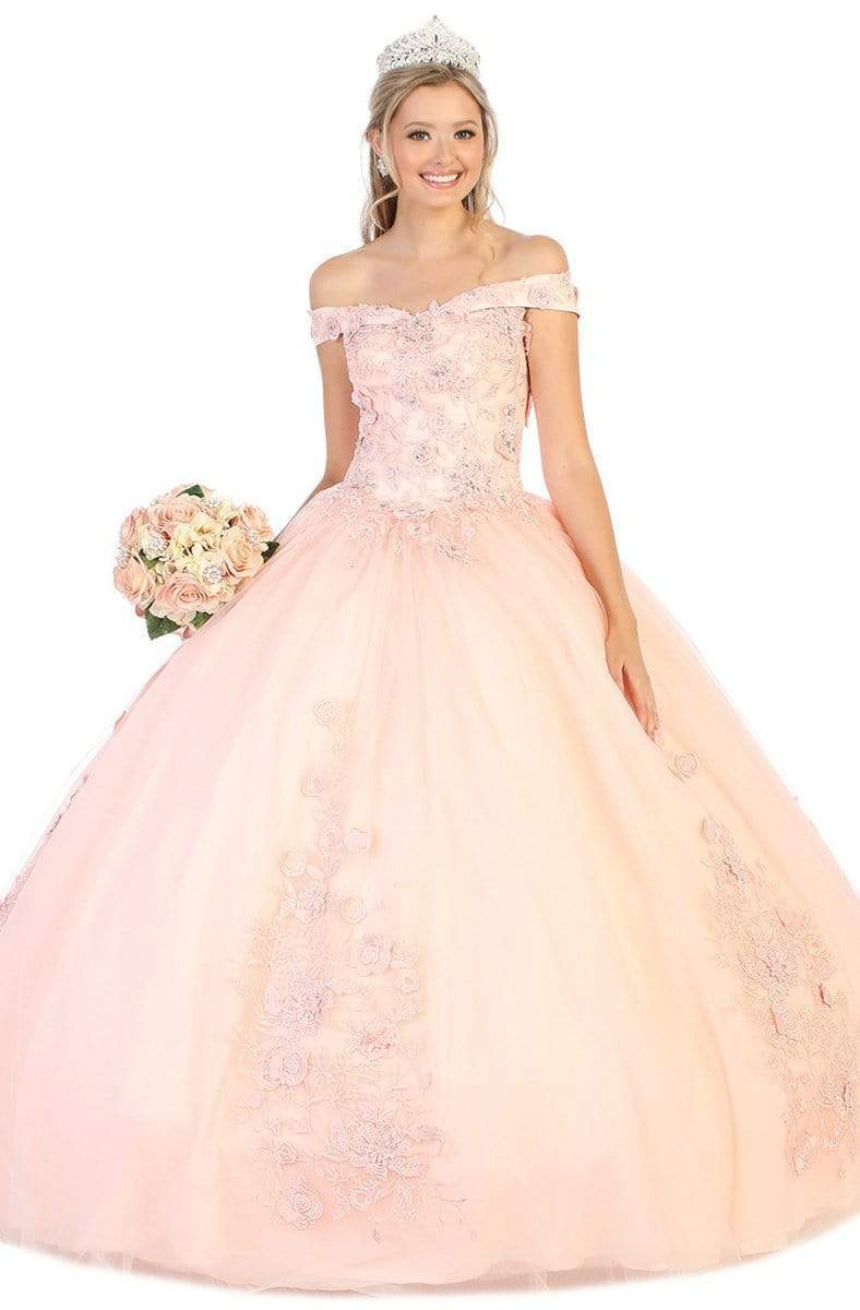 May Queen - LK136 Off Shoulder Rose Appliqued Ballgown Quinceanera Dresses 4 / Blush