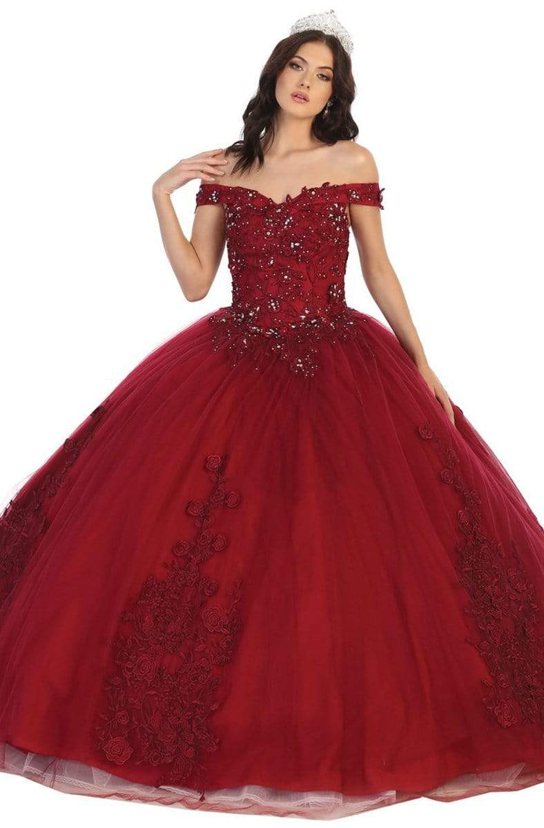May Queen - LK136 Off Shoulder Rose Appliqued Ballgown Quinceanera Dresses 4 / Burgundy