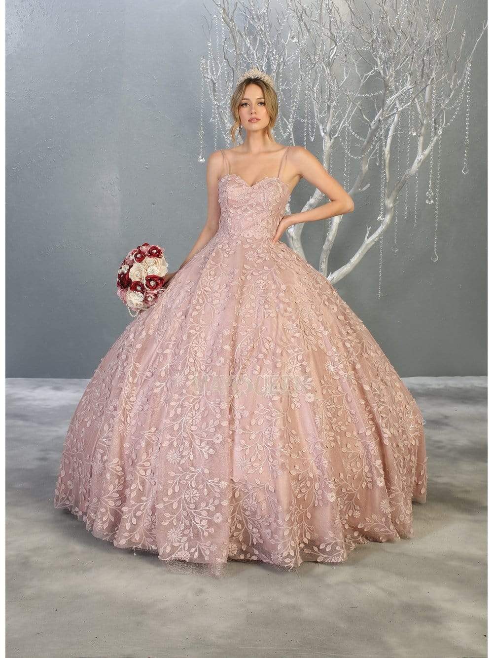 May Queen - LK150 Spaghetti Strap Embroidered Foliage Ballgown Quinceanera Dresses 4 / Mauve