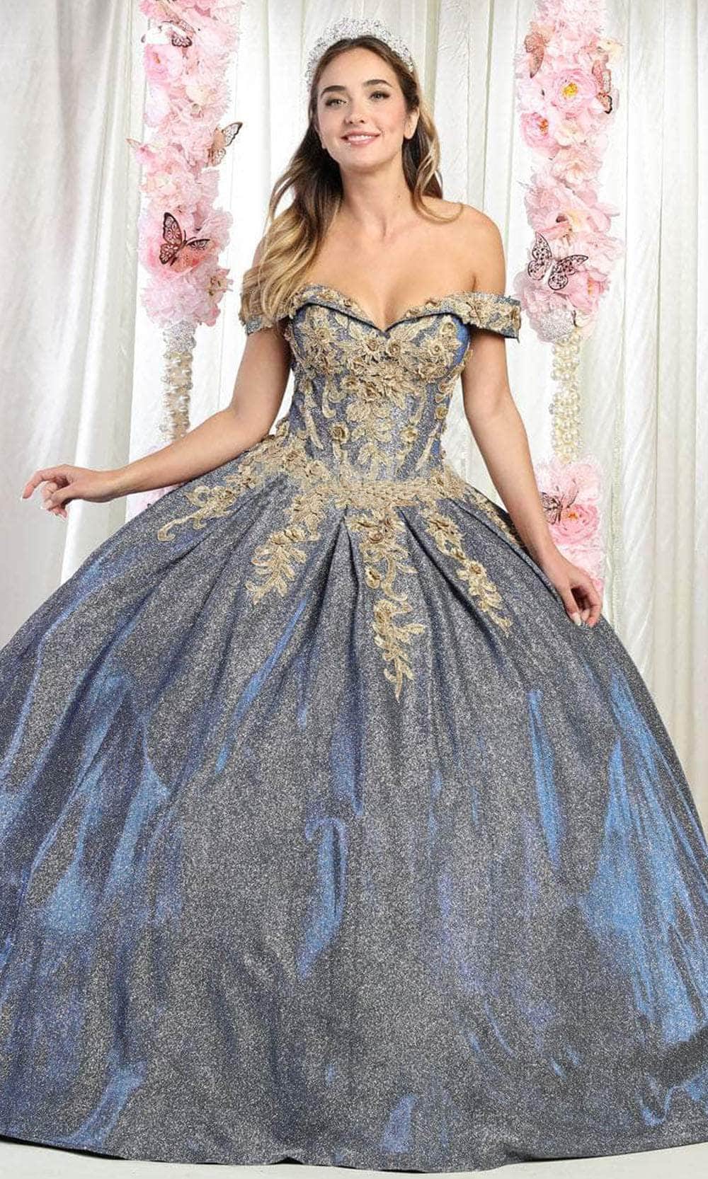 May Queen LK155 - Sweetheart Off-Shoulder Ballgown Ball Gowns 4 / Navy/Gold