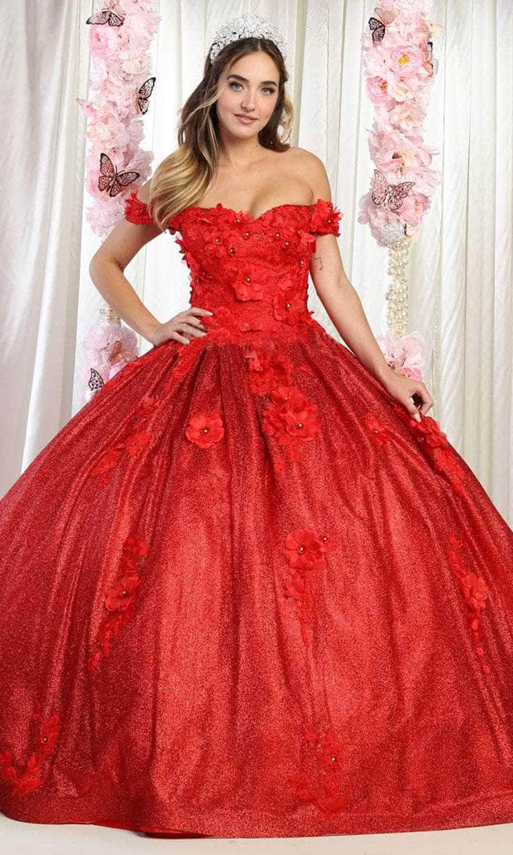 May Queen LK161 - Off Shoulder Floral Prom Ballgown Ball Gowns