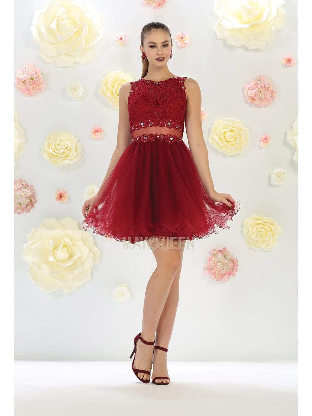 May Queen - MQ1268 Illusion Two Piece Lace and Tulle Cocktail Dress Homecoming Dresses