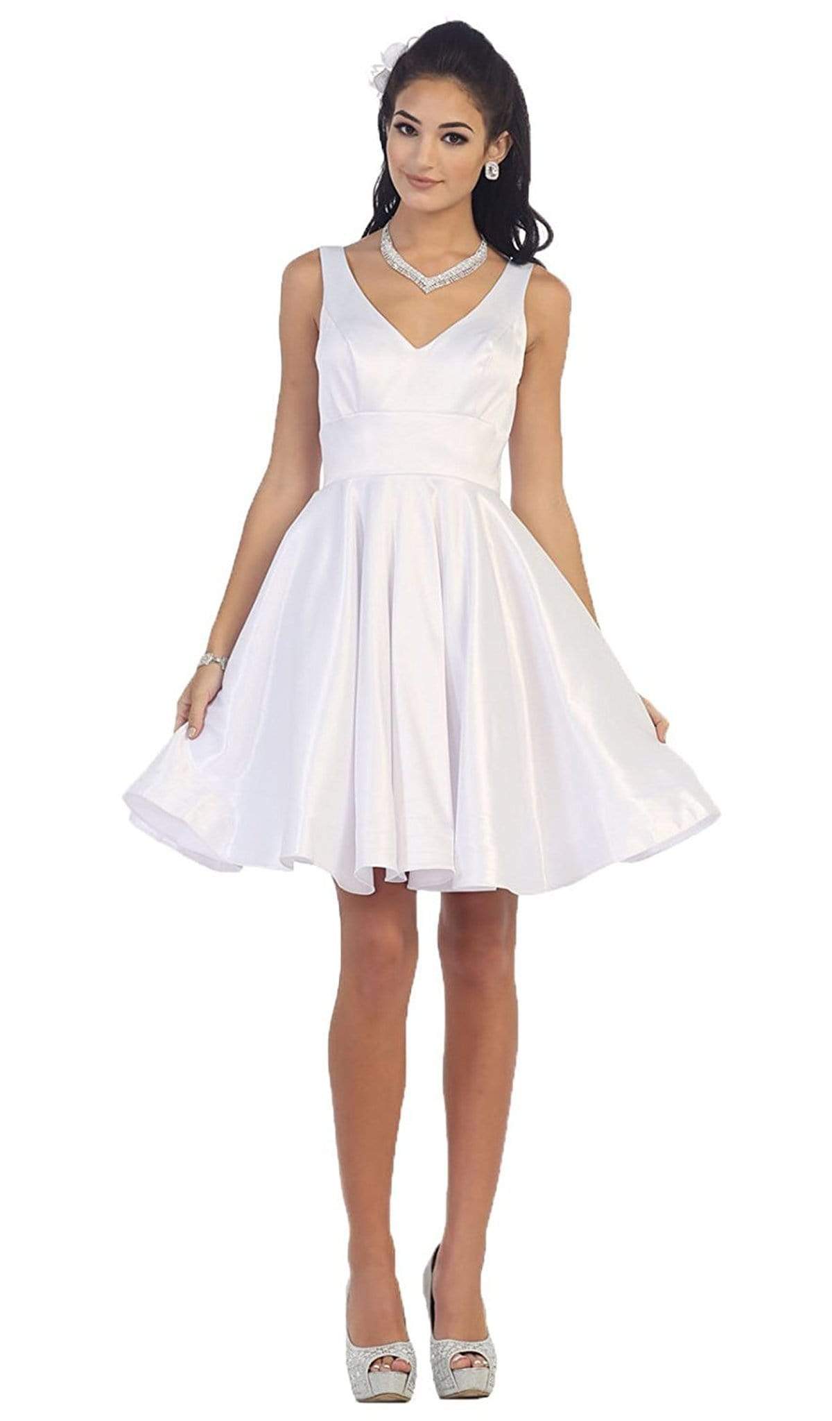 May Queen - MQ1410 Charming V-Neck and Back A-Line Homecoming Dress Special Occasion Dress 4 / White