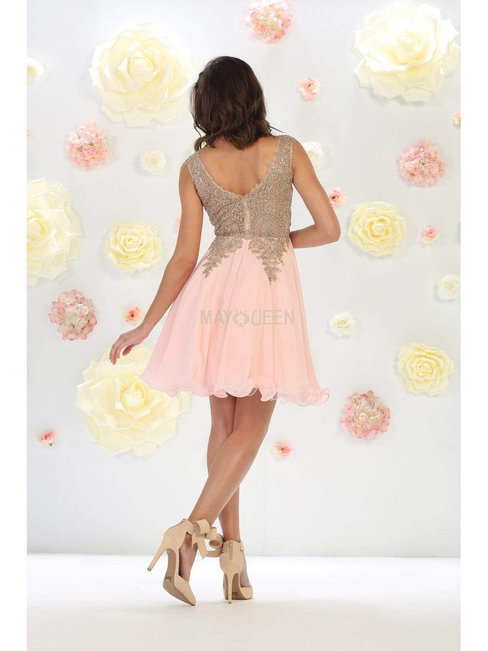 May Queen - MQ1417 Gold Embroidered V-neck A-line Dress Homecoming Dresses