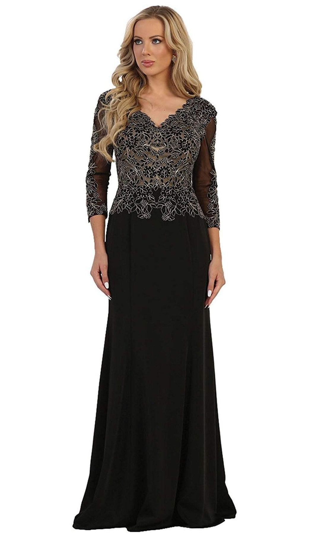 May Queen - MQ1505 Quarter Length Sleeve Lace Sheath Evening Dress Mother of the Bride Dresses M / Black