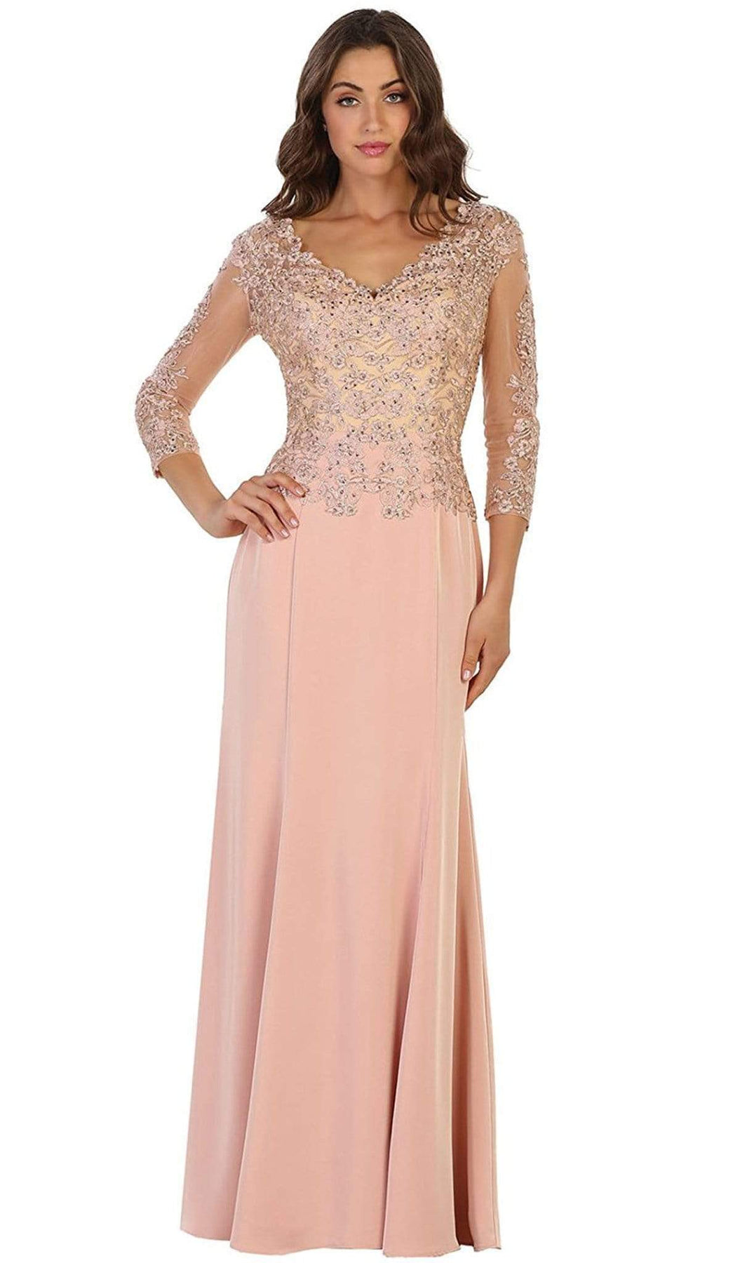 May Queen - MQ1505 Quarter Length Sleeve Lace Sheath Evening Dress Mother of the Bride Dresses M / Dusty-Rose