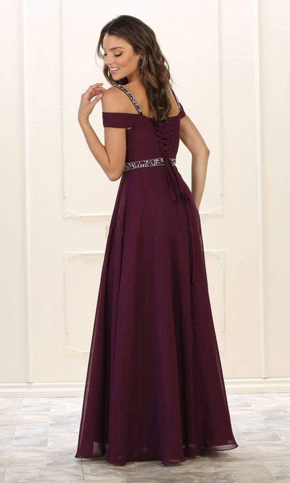 May Queen - MQ1515 Embellished Cold Shoulder Knotted A-Line Gown Prom Dresses