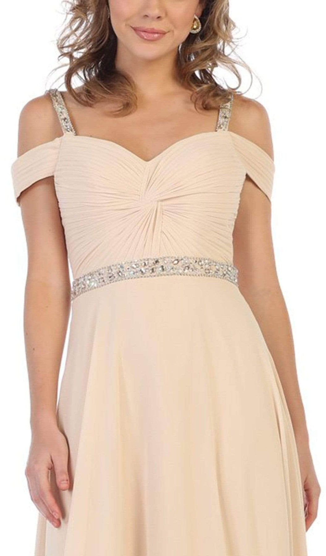 May Queen - MQ1515 Embellished Cold Shoulder Knotted A-Line Gown Prom Dresses