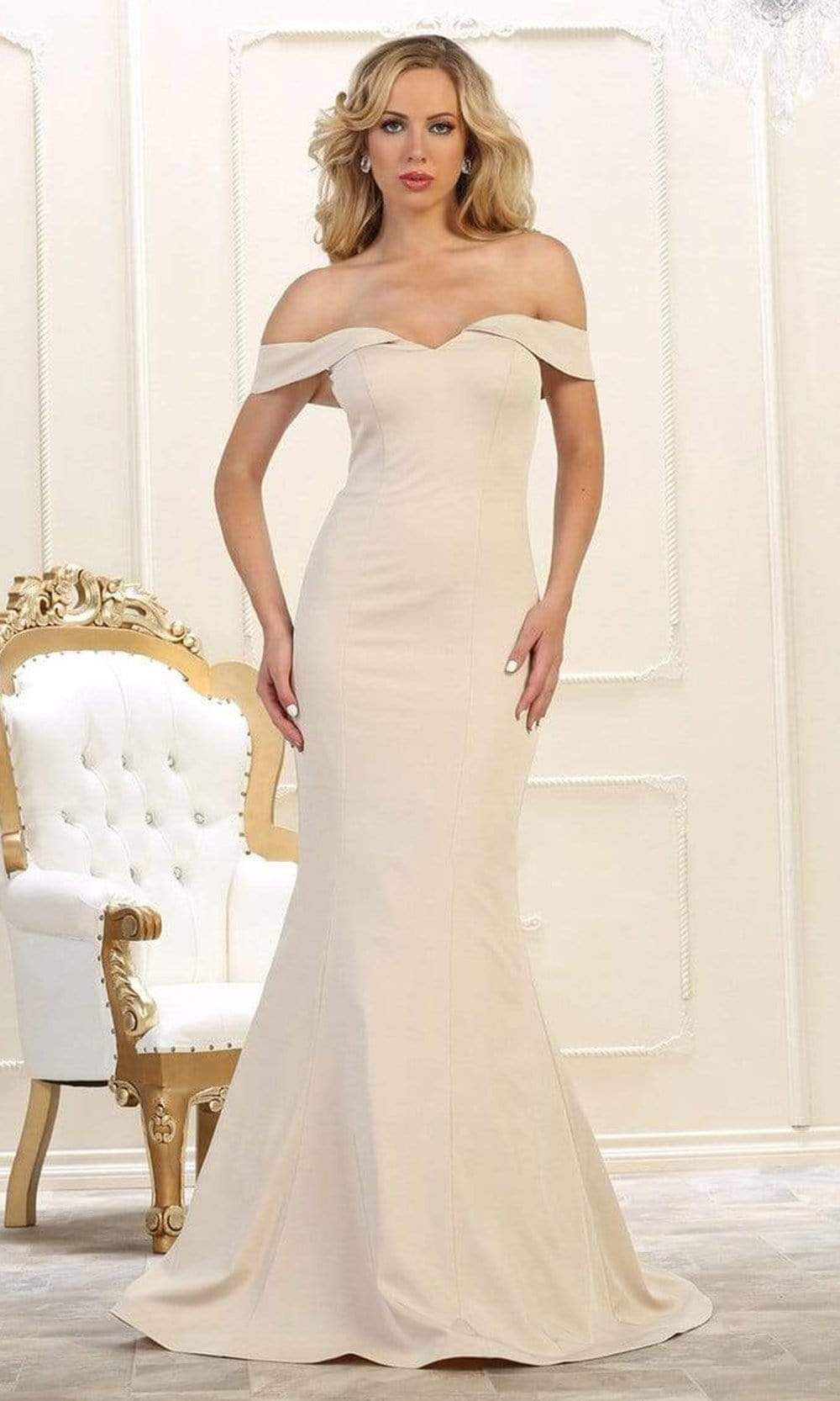 May Queen - MQ1547 Off Shoulder Mermaid Evening Gown Bridesmaid Dresses 2 / Champagne