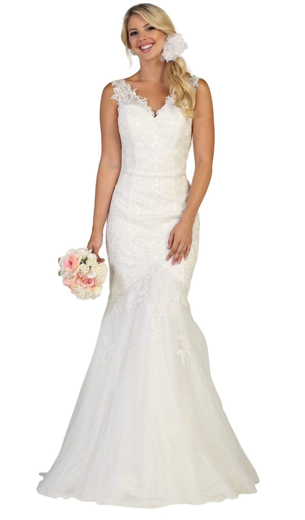 May Queen - MQ1598 Embroidered V-neck Mermaid Dress With Train Bridesmaid Dresses 4 / White