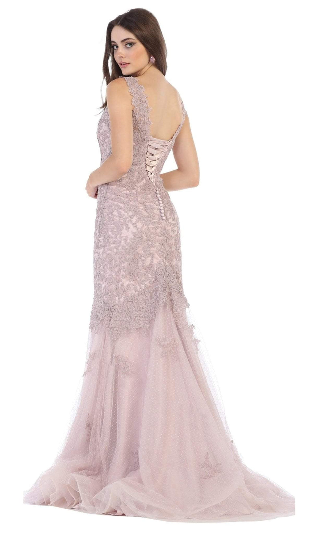 May Queen - MQ1598 Embroidered V-neck Mermaid Dress With Train Bridesmaid Dresses