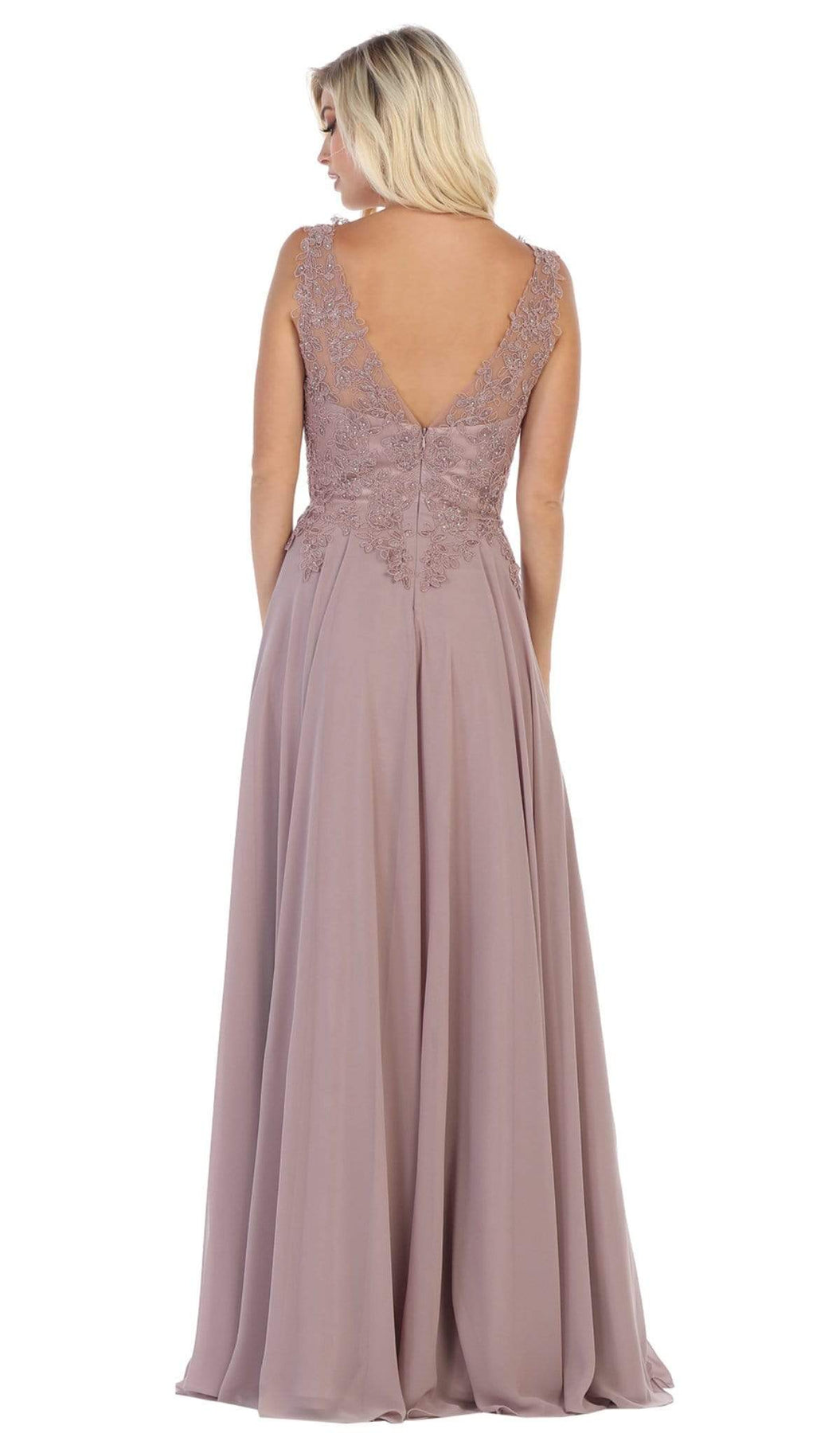 May Queen - MQ1610 Floral Applique V-neck A-line Dress Formal Gowns