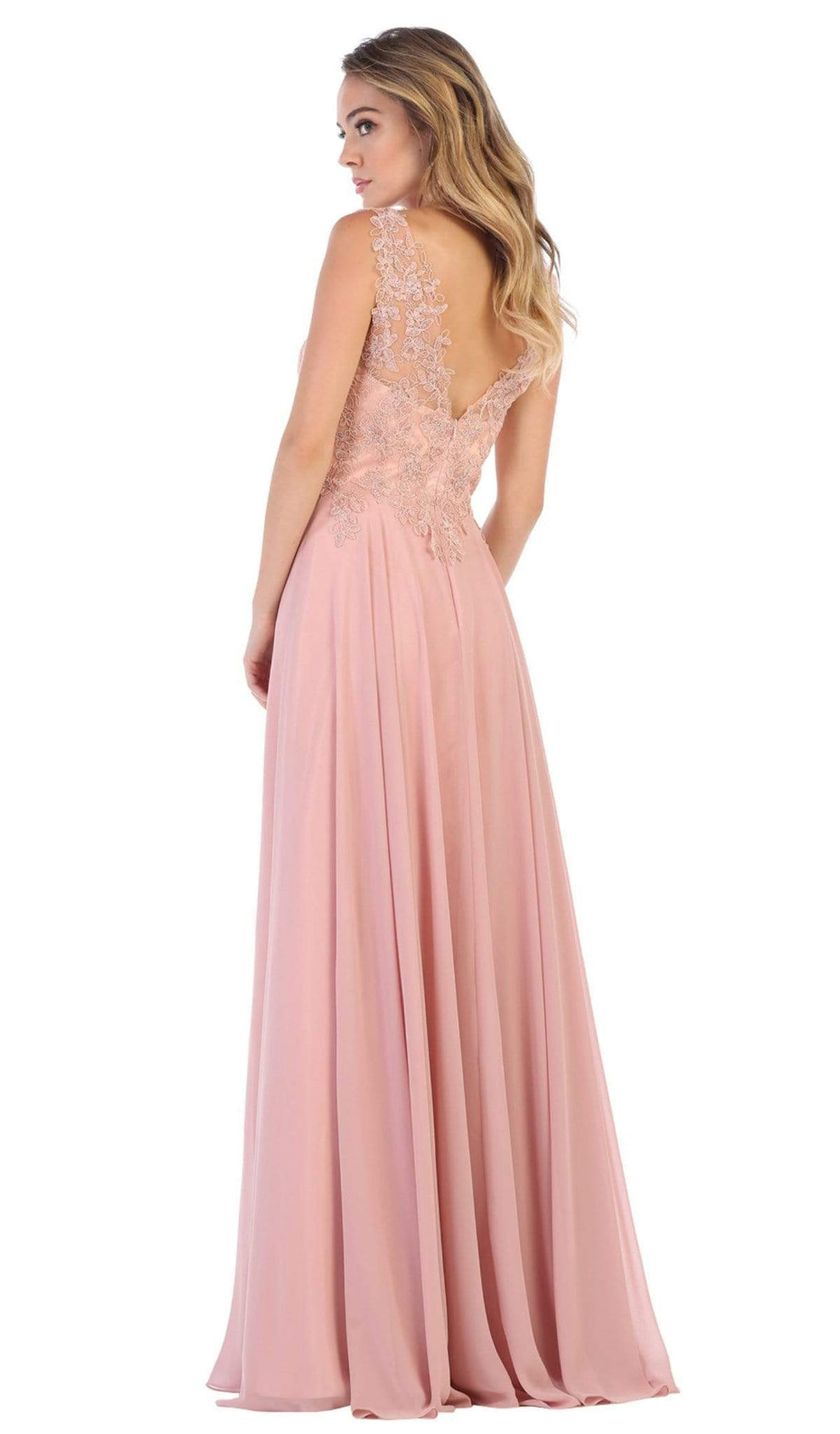 May Queen - MQ1610 Floral Applique V-neck A-line Dress Formal Gowns