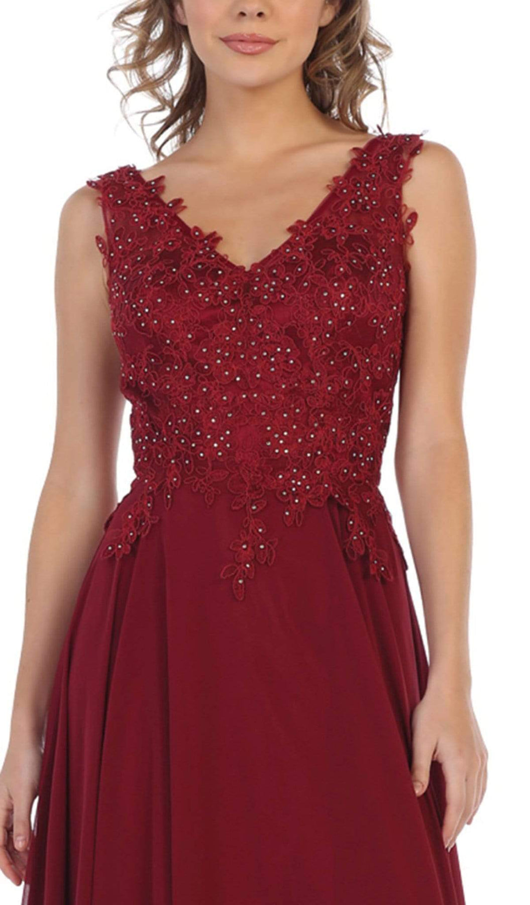 May Queen - MQ1610 Floral Applique V-neck A-line Dress Formal Gowns