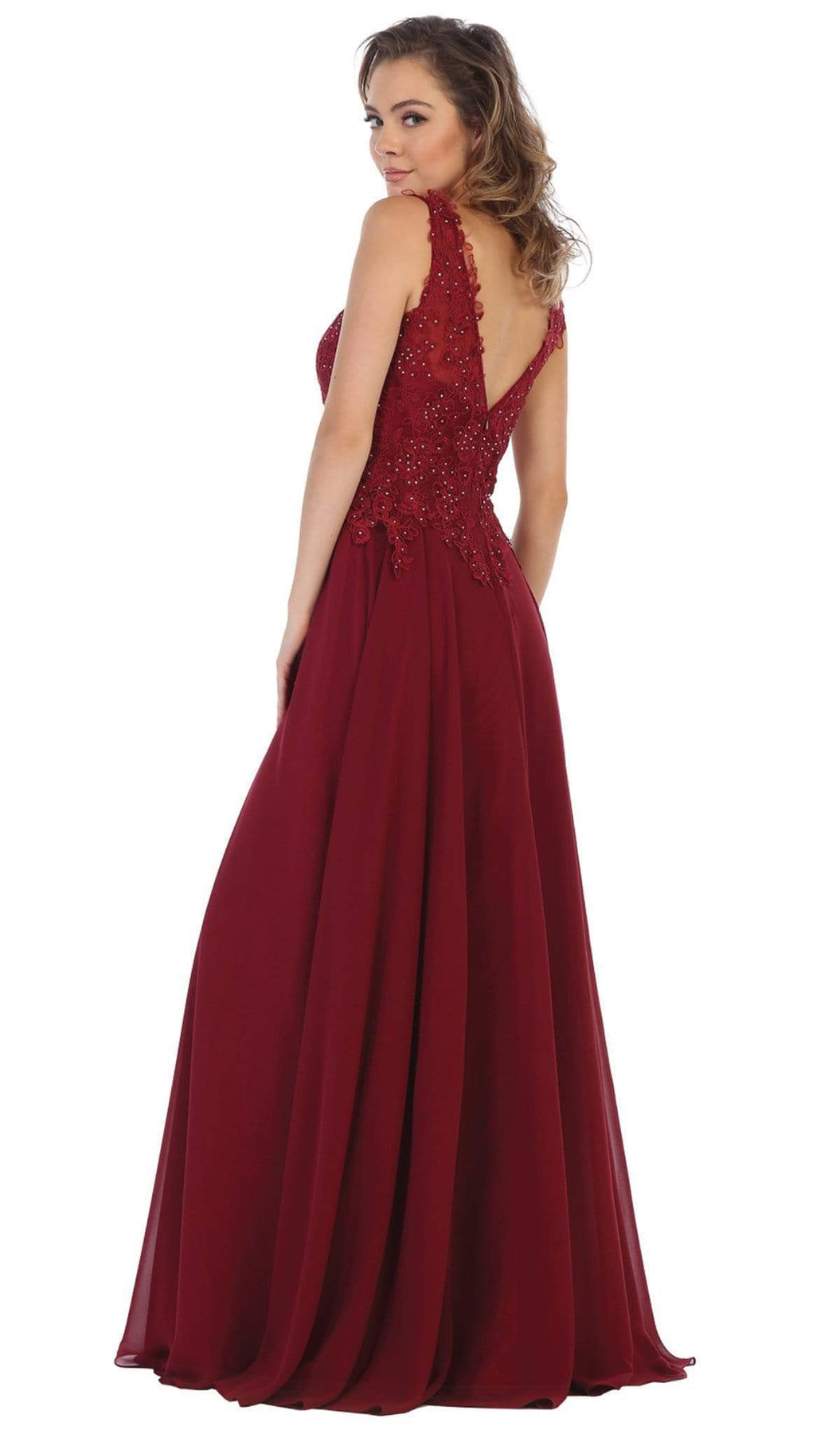 May Queen - MQ1610 Floral Applique V-neck A-line Dress Formal Gowns