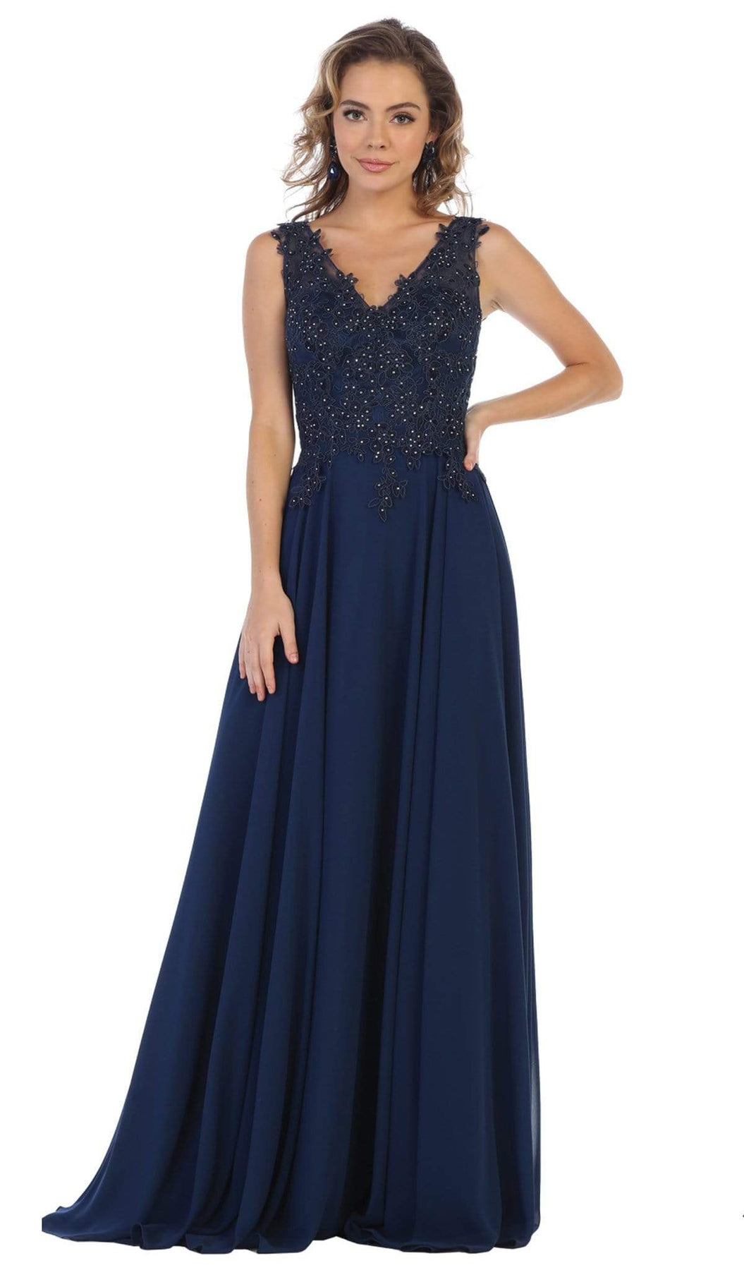 May Queen - MQ1610 Floral Applique V-neck A-line Dress Formal Gowns 4 / Navy