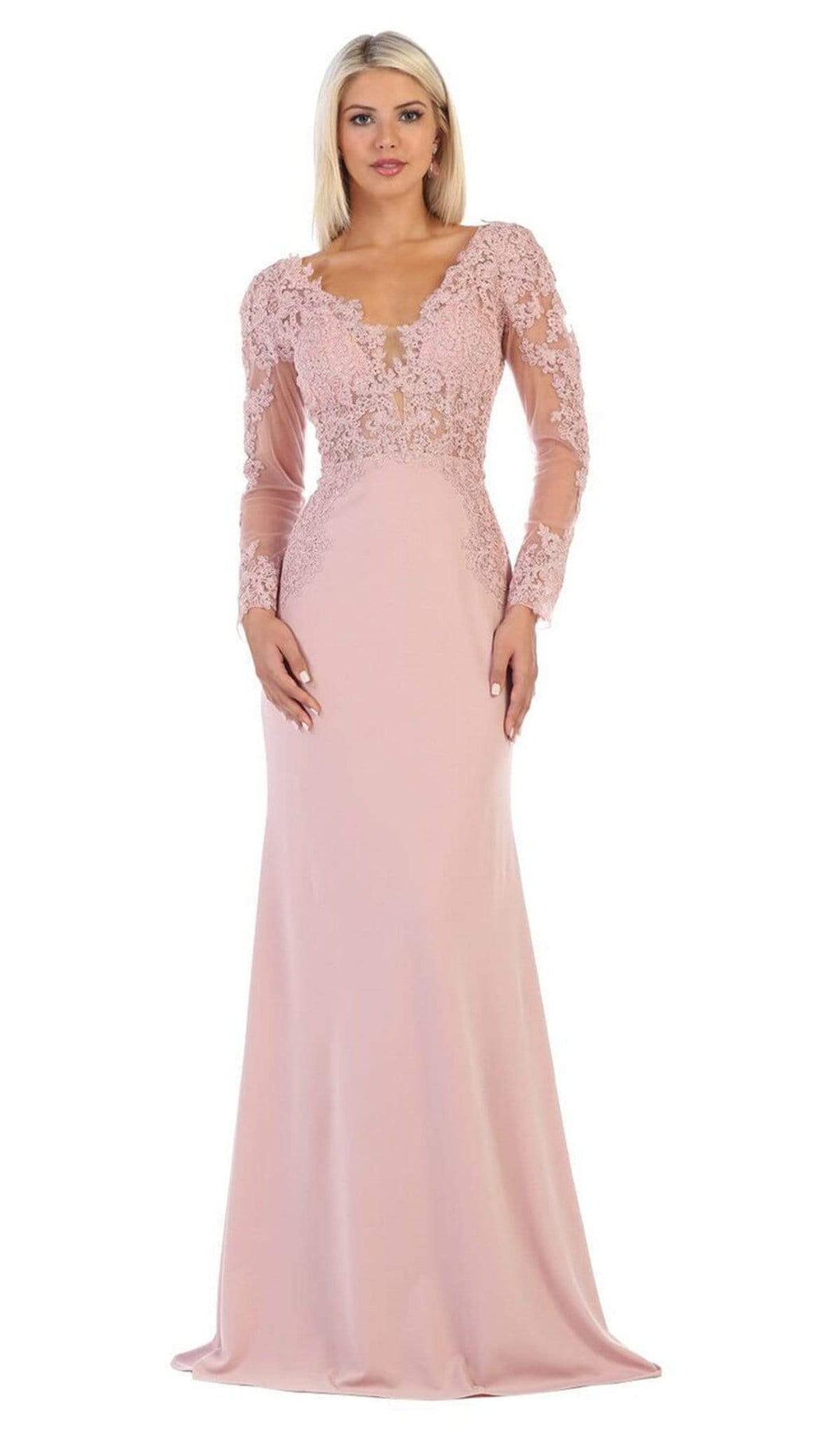 May Queen - MQ1630 Lace Appliqued Plunging V-Neck Gown Bridesmaid Dresses 4 / Dusty-Rose