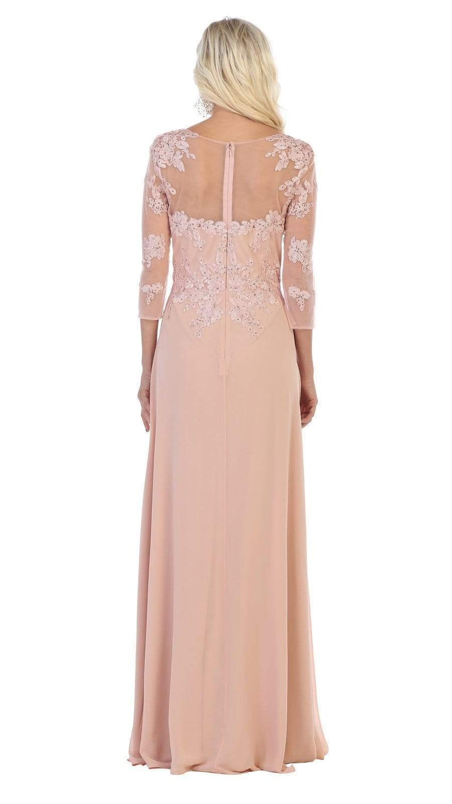 May Queen - MQ1637 Illusion Quarter Sleeve Appliqued Sheath Gown Special Occasion Dress