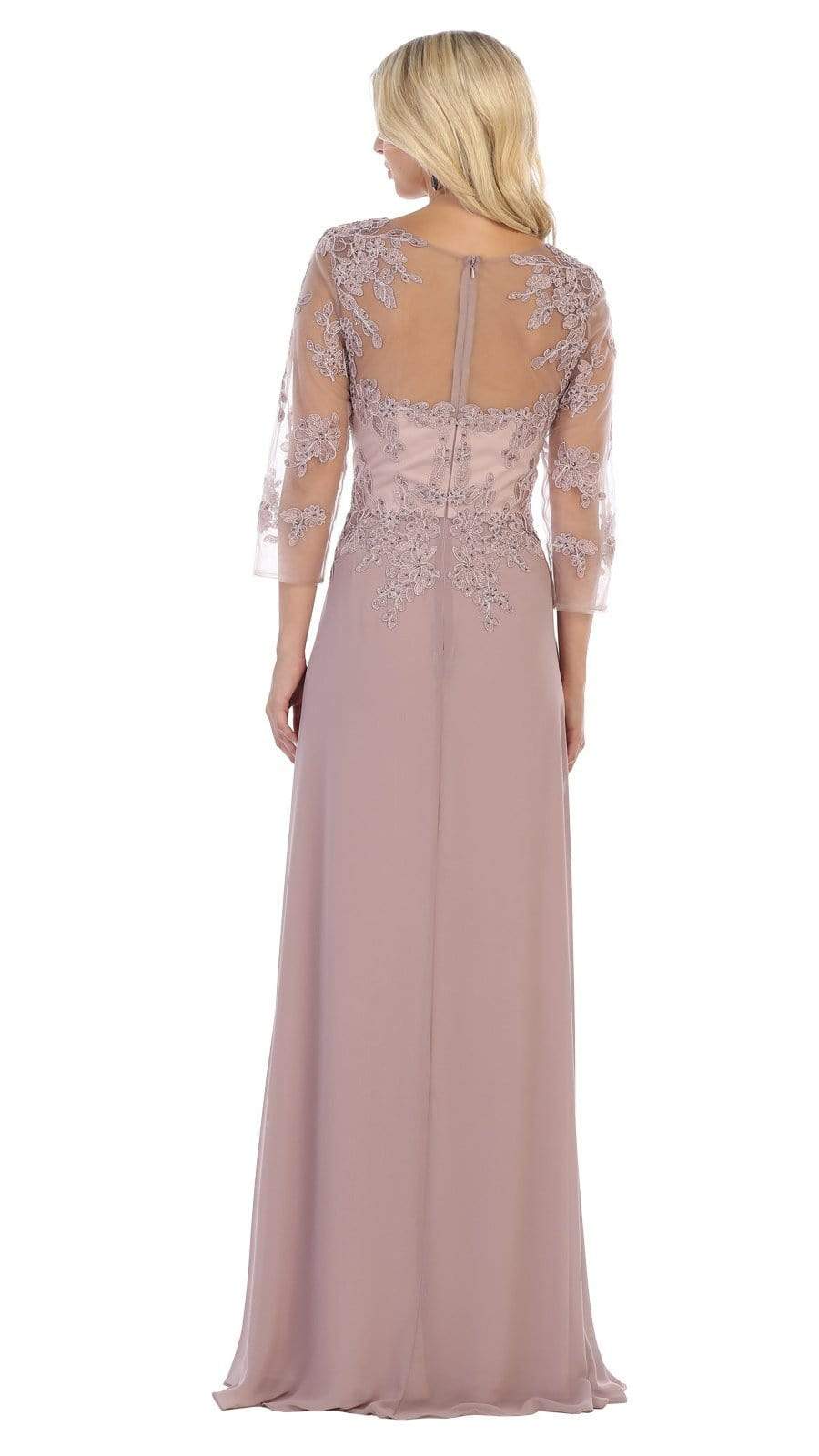 May Queen - MQ1637 Illusion Quarter Sleeve Appliqued Sheath Gown Special Occasion Dress